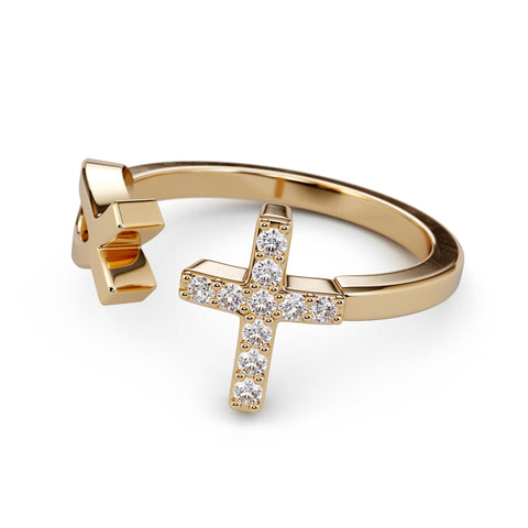 Pure Gold Jesus Fish and Diamond Cross Ring / Solid Gold Christian Ring / Catholic Ring / Solid Gold Religious Bypass Ring / Jesus Christ