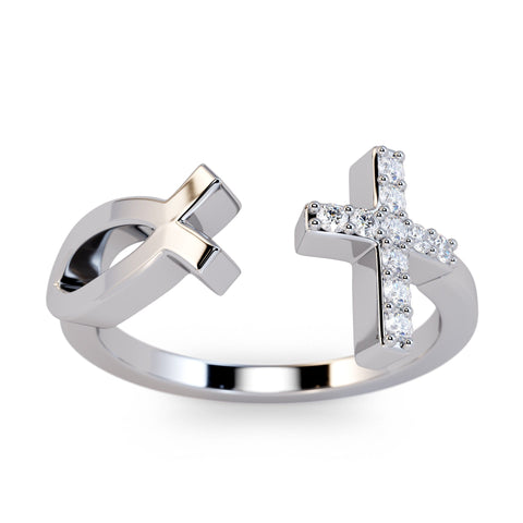 Pure Gold Jesus Fish and Diamond Cross Ring / Solid Gold Christian Ring / Catholic Ring / Solid Gold Religious Bypass Ring / Jesus Christ